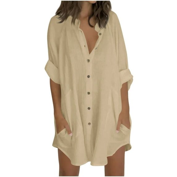 Dezsed Women's Oversized Button Down Shirt Dress with Pockets Long Sleeve Cotton Linen Cover Ups Casual Tunic Blouse Tops Beige M
