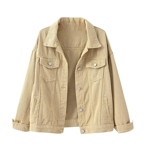 Dezsed Women's Oversized Denim Jacket Women Spring And Warm Solid Long Sleeve Jacket Outerwear Khaki S