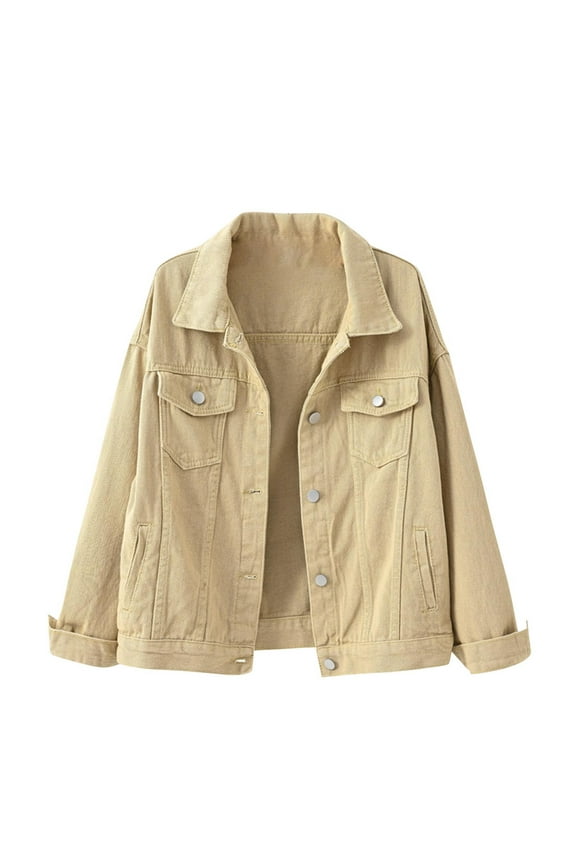 Dezsed Women's Oversized Denim Jacket Women Spring And Warm Solid Long Sleeve Jacket Outerwear Khaki XL