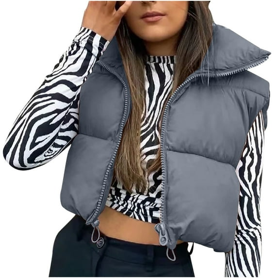 Dezsed Women's Padded Down Vest Puffer Stand Collar Zip Up Crop Sleeveless Jacket Clearance Winter Crop Lightweight Warm Outerwear Vest Padded Gilet Tops Coat Gray S