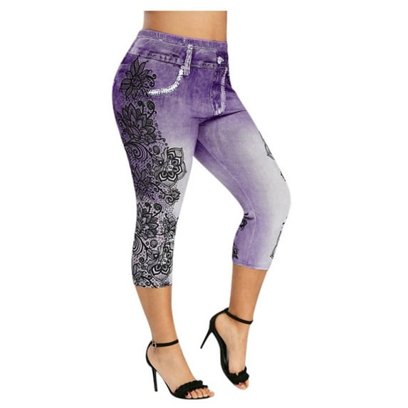 Dezsed Women's Pants Plus Size Lace Floral Appliques Skinny Jeans Pencil Pants Summer Casual Capris Leggings Denim Pants Purple L