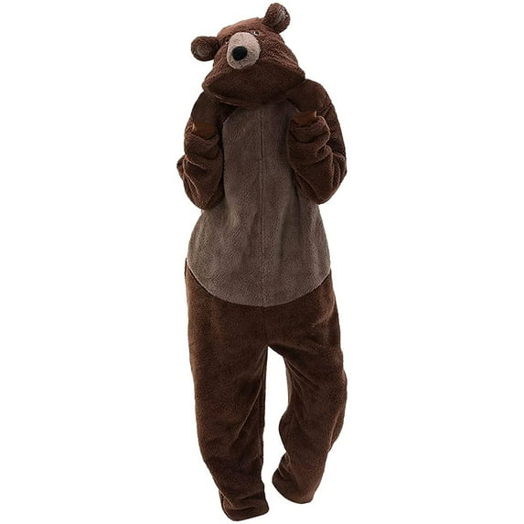 Dezsed Women's Plus Fleece Hooded Loungewear Unisex Adult Bear Sleepwear Onesie Winter Pocket Loose Funny Thicken Pajamas Coffee XL