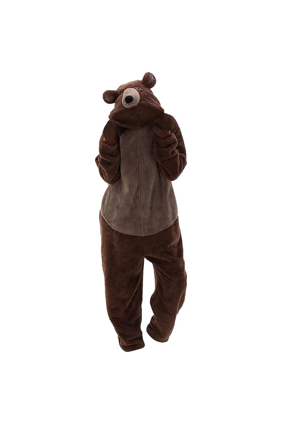 Women's Plus Fleece Hooded Loungewear Unisex Adult Bear Sleepwear Onesie Winter Pocket Loose Funny Thicken Pajamas Coffee XL
