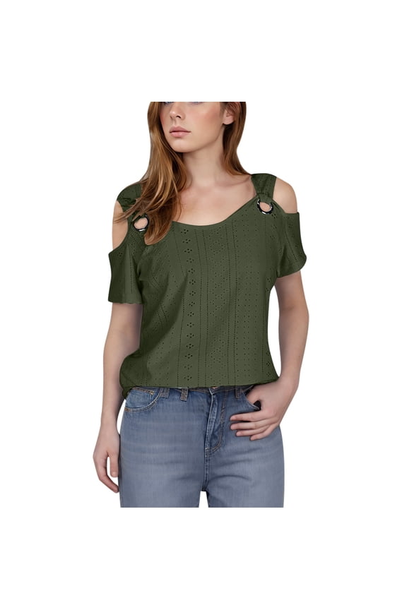 Women's Plus Size Tops Cold Shoulder Dressy Casual Tunics Blouses Summer Short Sleeve Crewneck Shirts Army Green XXXXXL