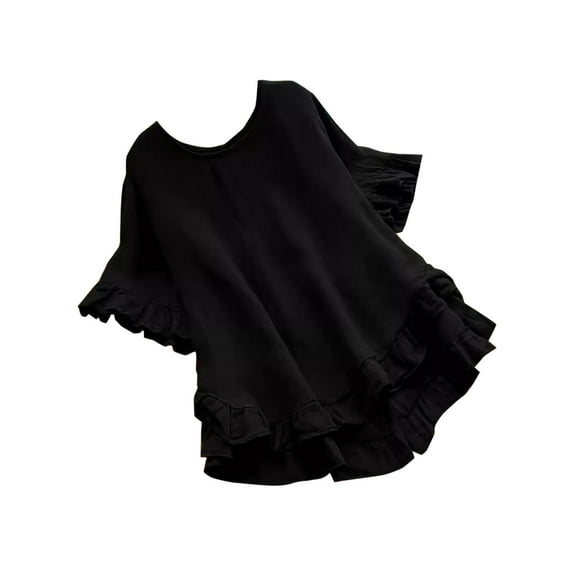 Dezsed Women's Plus Size Tops Short Sleeve Shirts Summer Solid Color Casual Round-Neck Loose Blouse Black S