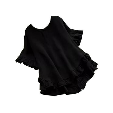 Dezsed Women's Plus Size Tops Short Sleeve Shirts Summer Solid Color Casual Round-Neck Loose Blouse Black XXL on Clearance