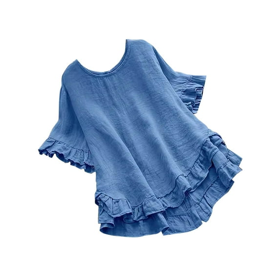 Dezsed Women's Plus Size Tops Short Sleeve Shirts Summer Solid Color Casual Round-Neck Loose Blouse Blue XL