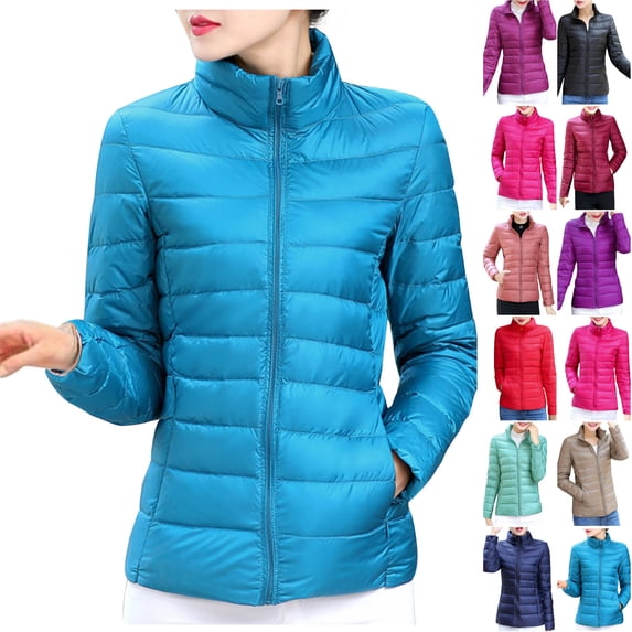 Dezsed Women's Puffer Jacket Padded Cotton Coat Lightweight Full-Zip Stand Collar Quilted Warm Winter Coat Long Sleeve Outerwear with Pockets Blue 4XL