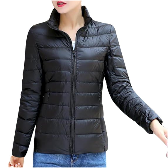 Dezsed Women's Puffer Jacket Padded Cotton Coat Lightweight Full-Zip Stand Collar Quilted Warm Winter Coat Long Sleeve Outerwear with Pockets Black M