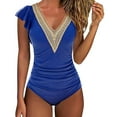 thumbnail image 1 of Dezsed Women's Ruffled One Piece Swimsuit V Neck Lace Up Solid Strappy Back Swimsuits Bathing Suits Swimwear Blue XL, 1 of 5
