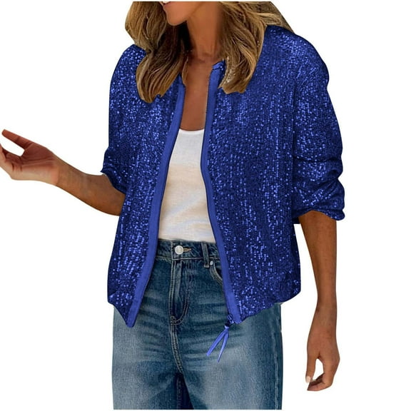 Dezsed Women's Sequin Fitted Long Sleeve Zipper Bomber Jacket Party Bomber Blazer Cardigan Casual Outwear Blue L