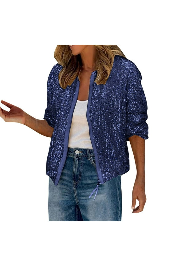 Women's Sequin Fitted Long Sleeve Zipper Bomber Jacket Party Bomber Blazer Cardigan Casual Outwear Dark Blue XL