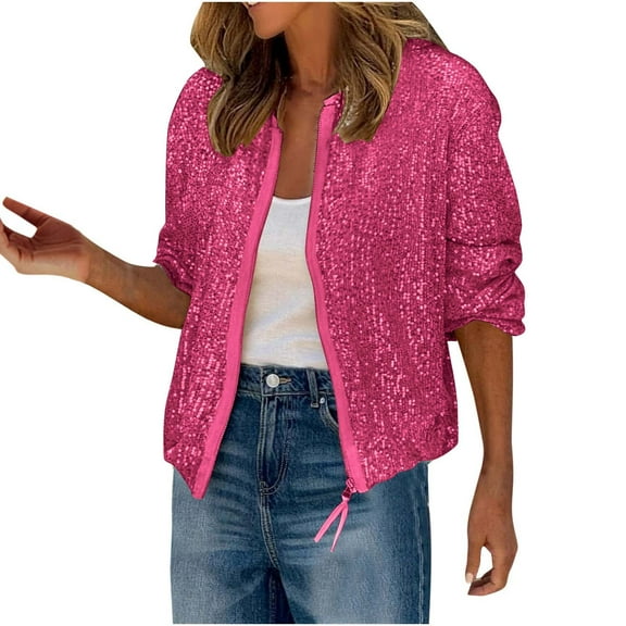 Dezsed Women's Sequin Fitted Long Sleeve Zipper Bomber Jacket Party Bomber Blazer Cardigan Casual Outwear Hot Pink L