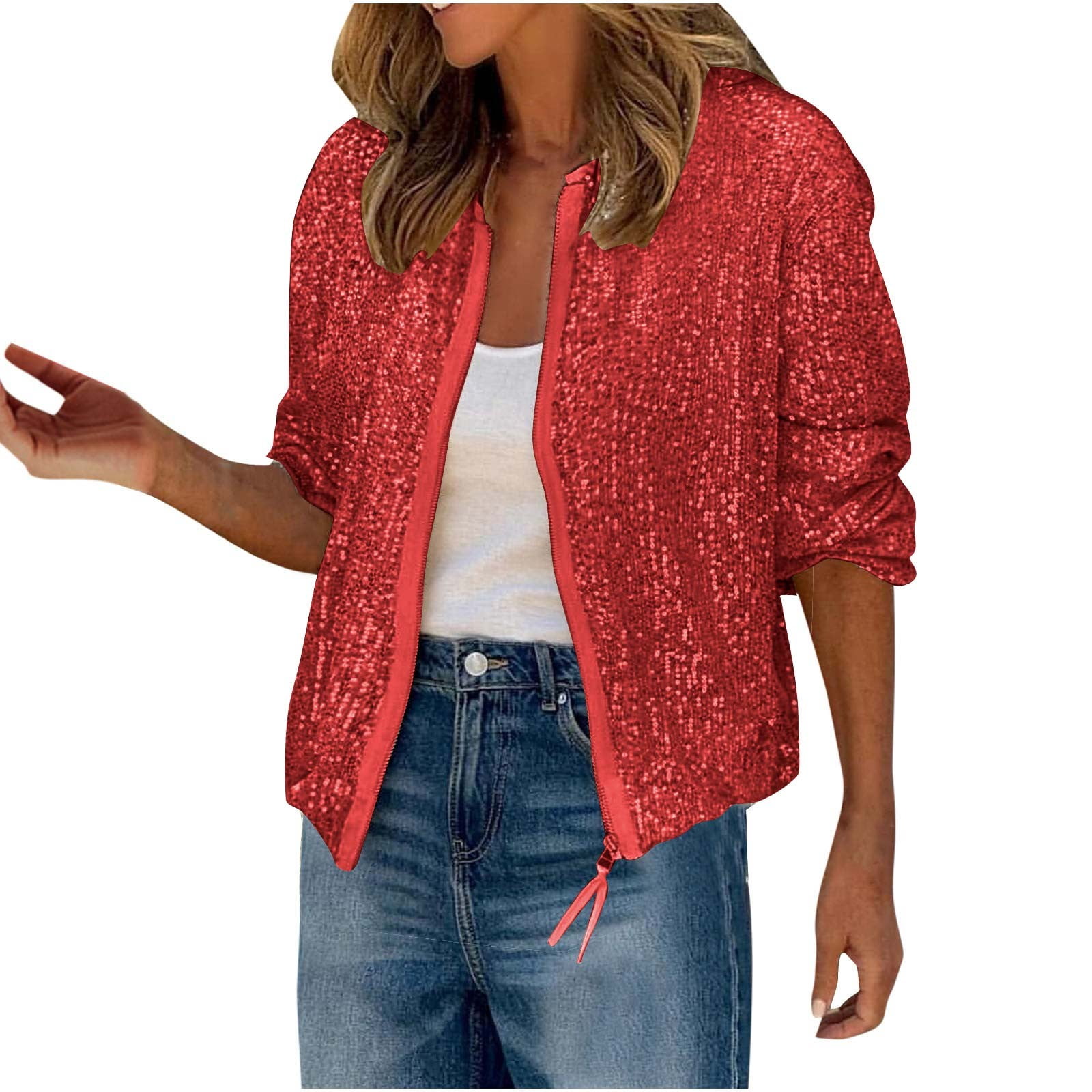 Womens Sequin Jacket with Pockets Casual Long Sleeve Front Zip Party Bomber Blazer S-2XL