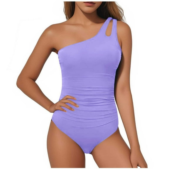 Dezsed Women's Sexy One Piece Bathing Suits One Shoulder Tummy Control Swimsuits Slim Mesh Swimwear Purple XXL