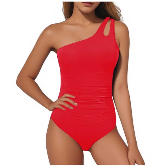 Dezsed Women's Sexy One Piece Bathing Suits One Shoulder Tummy Control Swimsuits Slim Mesh Swimwear Red M