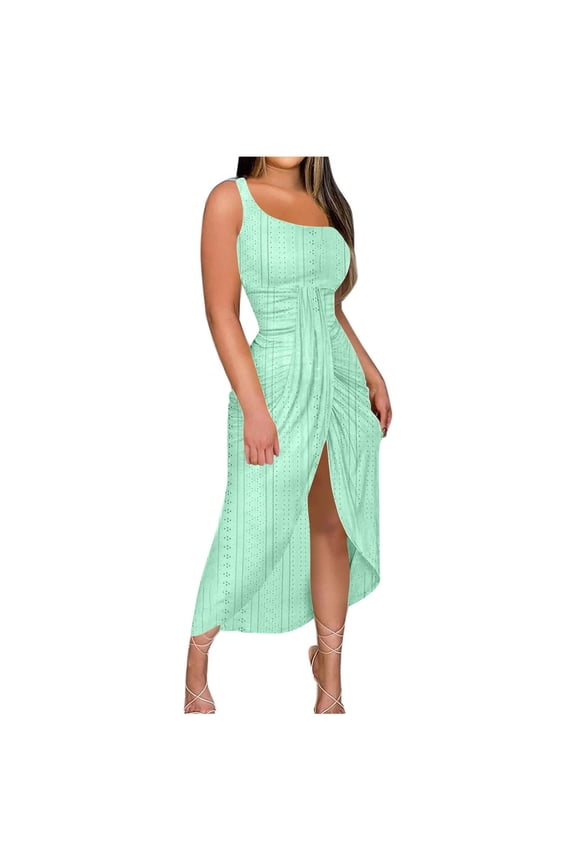 Women's Sexy One Shoulder Party Dresses Elegant Classy Bodycon Formal Evening Dress Solid Color Ruched Midi Dress Mint Green L