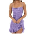 thumbnail image 1 of Dezsed Women's Sexy Sequin Glitter Ruffle Party Club Dresses Backless Spaghetti Straps Ruched Bodycon Mini Dress Light Purple L, 1 of 5