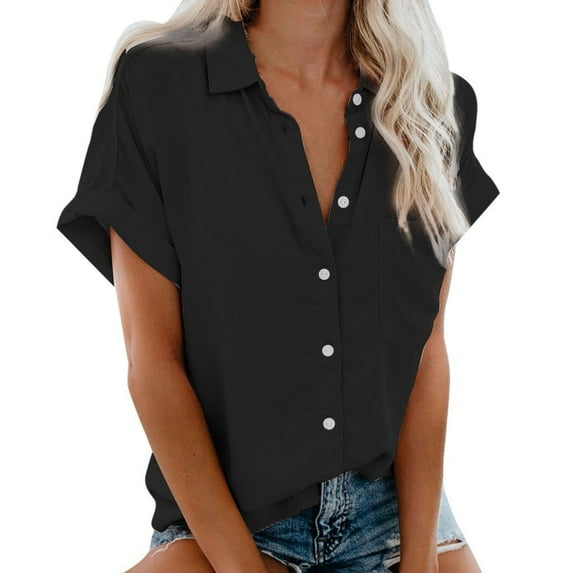 Dezsed Women's Short Sleeve Button Down Shirts Casual Plain Lapel Neck Blouse Work Office Tee Tops Summer Shirt Tops Black M