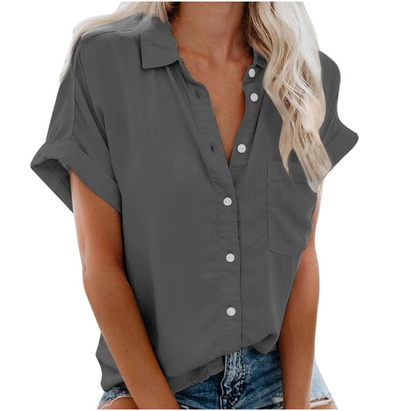 Dezsed Women's Short Sleeve Button Down Shirts Casual Plain Lapel Neck Blouse Work Office Tee Tops Summer Shirt Tops Dark Gray M
