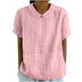 thumbnail image 1 of Dezsed Women's Short Sleeve Shirts Loose Lapel Collar V Neck Work Blouse Summer Dressy Casual Tunic Tops Clearance Pink M, 1 of 5