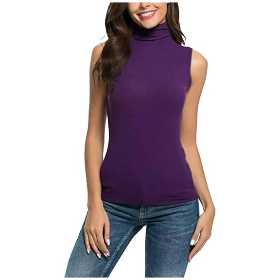 Dezsed Women's Sleeveless Slim Turtleneck Mock Soft T-Shirt Tank Tops Basic Stretchy Pullover Summer Tops Purple XXL