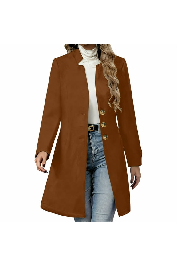Women's Solid Casual Thicken Wool Stand Collar Inner Lining Pocket Breasted Pea Coat Brown XL