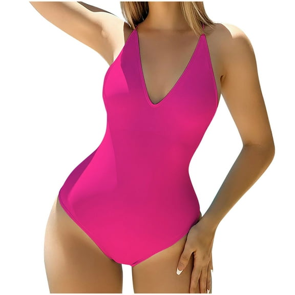 Dezsed Women's Solid Color V Neck Lace Up One Piece Swimsuit Tummy Control Bathing Suit Ladies Swimwear Hot Pink S