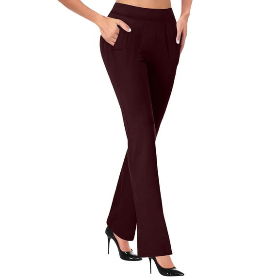 Dezsed Women's Stretchy Slim Straight Dress Pants Business Office Casual Work Trousers Lounge Pants with Pockets Wine XXL