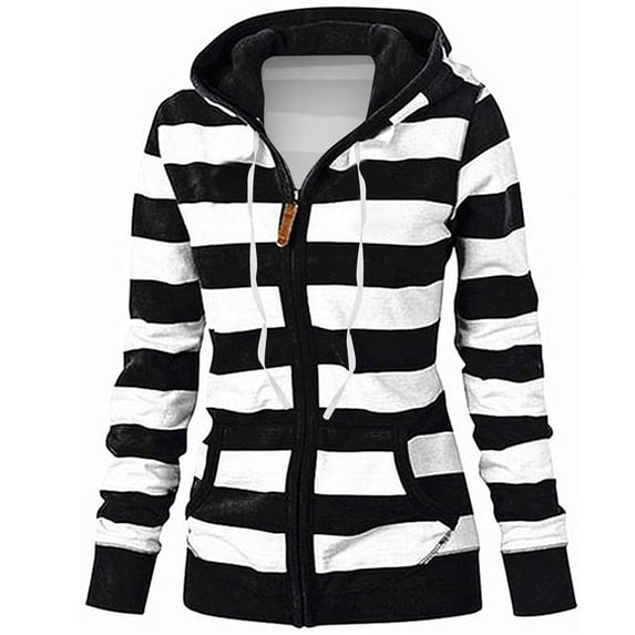 Dezsed Women's Stripe Zip Up Hoodie Sweatshirt Women's Fashion Printed Loose T-shirt Long Sleeves Blouse Sweatshirt Hoodies Coat Black XXL