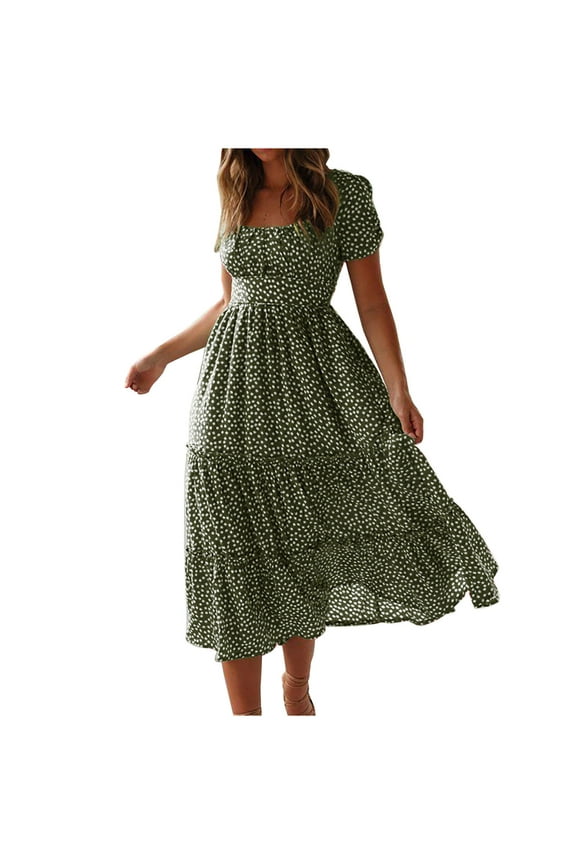 Women's Summer Boho Floral Flowy Dresses Casual Short Puff Sleeve Square Neck Smocked Waist Tiered A Line Midi Dress Army Green L
