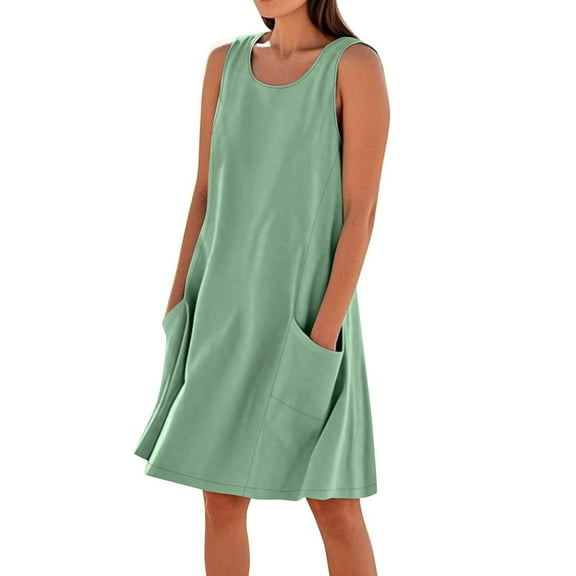 Dezsed Women's Summer Casual Sleeveless Cotton Linen Dresses Loose Tunic Tank Beach Mini Dress Sundress with Pocket Green XL