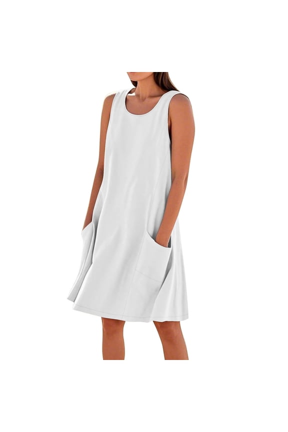 Women's Summer Casual Sleeveless Cotton Linen Dresses Loose Tunic Tank Beach Mini Dress Sundress with Pocket White 2XL