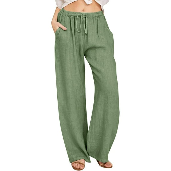 Dezsed Women's Summer Drawstring Elastic Waist Wide Leg Loose Cotton Linen Palazzo Pants with Pocket Green XXXL