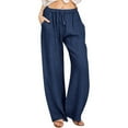 thumbnail image 1 of Dezsed Women's Summer Drawstring Elastic Waist Wide Leg Loose Cotton Linen Palazzo Pants with Pocket Navy XL, 1 of 6