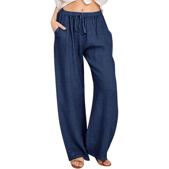Dezsed Women's Summer Drawstring Elastic Waist Wide Leg Loose Cotton Linen Palazzo Pants with Pocket Navy XL