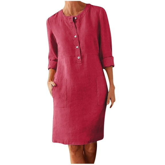 Dezsed Women's Summer Shirt Dresses Button 1/2 Sleeve V-Neck Casual Loose Cotton Linen Midi Dress with Pockets Watermelon Red M