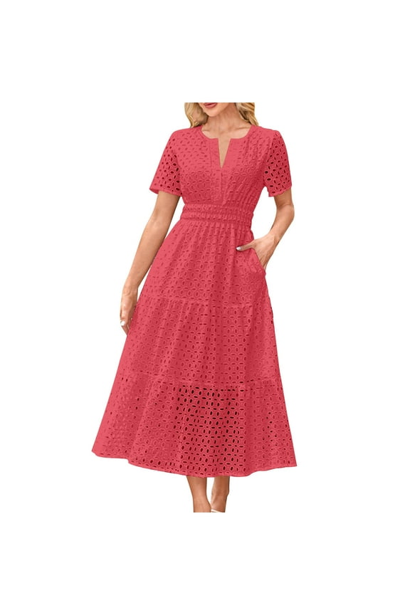 Women's Summer Short Sleeve Midi Dress Casual V Neck Hollow Out Eyelet Ruffle A Line Long Cocktail Party Dresses Red L