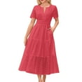 thumbnail image 1 of Dezsed Women's Summer Short Sleeve Midi Dress Casual V Neck Hollow Out Eyelet Ruffle A Line Long Cocktail Party Dresses Red S, 1 of 5
