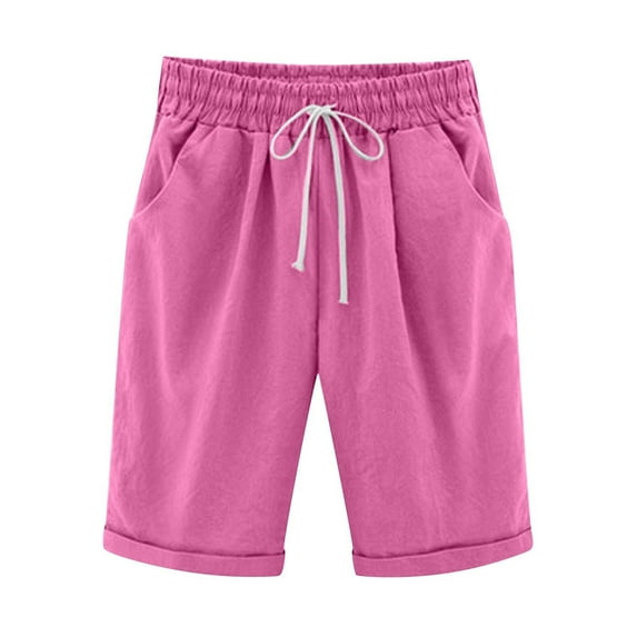Dezsed Women's Summer Shorts Plus Size Lace Up Elastic Waistband Loose Pants Solid Five Points Cotton Linen Shorts with Pockets Casual Pants Hot Pink L