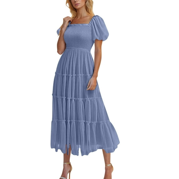 Dezsed Women's Summer Square Neck Short Puff Sleeve Dresses Solid Color High Waist Smocked Flowy A Line Tiered Midi Dress Blue M