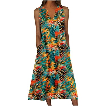 Dezsed Women's Summer Tank Midi Dress with Pockets Sleeveless A-Line Dress Casual Floral T-Shirt Dress Flowy Beach Sundress Multicolor XL