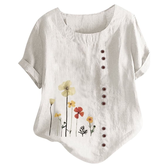 Dezsed Women's Summer Tops Plus Size Short Sleeve O-Neck Elegant Floral Print Loose Button Tunic Shirt Blouse Tops