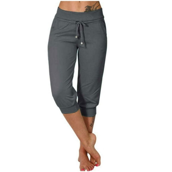 Dezsed Women's Sweatpants Capri Pants Cropped Jogger Running Pants Lounge Loose Drawstring Elastic Waist with Pockets Dark Gray L