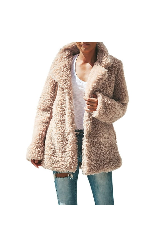 Women's Teddy Bear Fleece Oversized-Fit Lapel Jacket Women Plus Size Winter Warm Loose Plush Hooded Jacket Coat Beige L