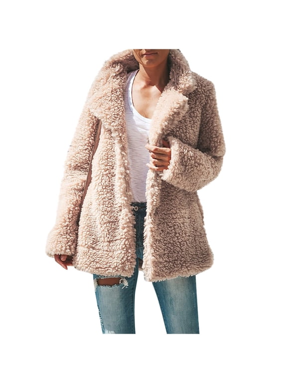Women's Teddy Bear Fleece Oversized-Fit Lapel Jacket Women Plus Size Winter Warm Loose Plush Hooded Jacket Coat