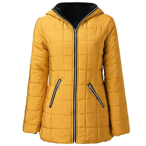 Dezsed Women's Thicken Fleece Lined Parka Winter Coat Fashion Woman Long Sleeve T-Shirt Winter Jacket Hooded Outerwear Zipper Solid Blouse Coat Tops Yellow XL