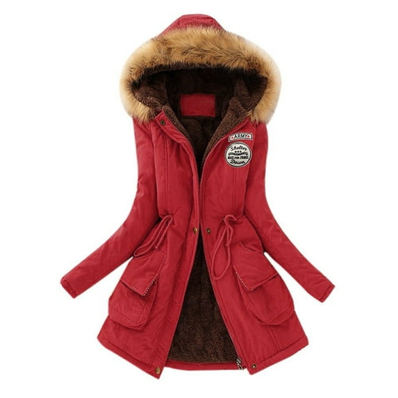 Dezsed Women's Thicken Fleece Lined Parka Winter Coat Clearance Winter Womens Warm Coat Hooded Jacket Slim Winter Outwear Red S