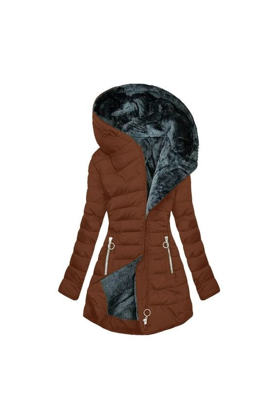 Women's Thicken Fleece Lined Parka Winter Coat Women's FALL And Winter Clothing, Solid Color Hooded Plush Cotton Brown S