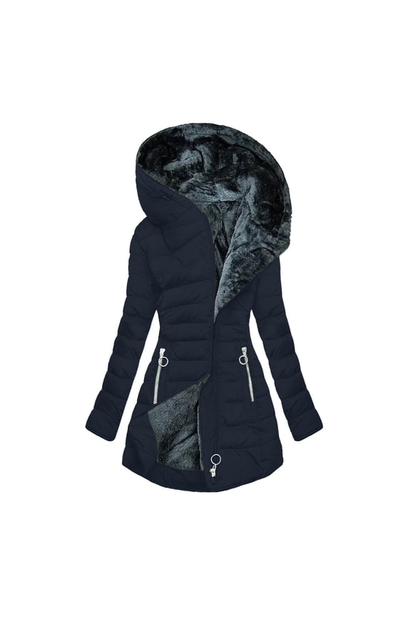 Women's Thicken Fleece Lined Parka Winter Coat Women's FALL And Winter Clothing, Solid Color Hooded Plush Cotton Navy M